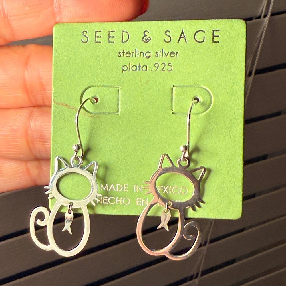 Silver Cat Outline Earrings - Picture 2 of 4